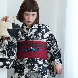 【ニコアンティーク 高級変わり織 浴衣3点セット　幻想戯曲 ブラック】みんなと違う浴衣を着よう！個性派きものブランドNicoAntiqueの2025年新作 フリーサイズ 浴衣セット（ゆかた・帯・下駄）ですぐお出かけ レトロ 国産生地 国内染色