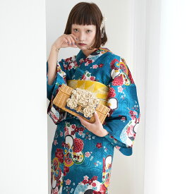 【ニコアンティーク 高級変わり織 浴衣3点セット　大正浪漫ブルーに夢幻ねじり梅】みんなと違う浴衣を着よう！個性派きものブランドNicoAntiqueの2025年新作 フリーサイズ 浴衣セット（ゆかた・帯・下駄）ですぐお出かけ レトロ 国産生地 国内染色