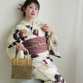 2026新作【utatane 浴衣 3点セット レディース 高級変わり織｜クリームに淡墨ほの紅ぼたん（フリーサイズ）】国産生地・国内染色｜希少図案を現代に復刻｜浴衣・帯・下駄付き