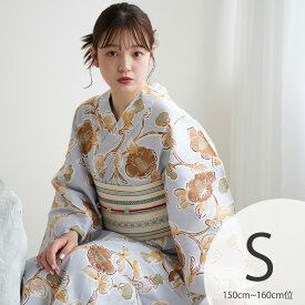 【utatane 高級変わり織 浴衣3点セット ブルーグレーに椿唐草】ここでしか買えない昭和初期アンティーク復刻版 プチサイズ（150-160cm）Sサイズ 浴衣セット（ゆかた・帯・下駄）うたたね 上質 国産生地 国内染色 低身長コーデ