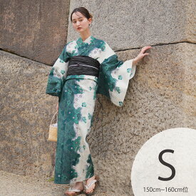 【utatane 高級変わり織 浴衣3点セット グリーンの染分け梅つばき】ここでしか買えない昭和初期アンティーク復刻版 プチサイズ（150-160cm）Sサイズ 浴衣セット（ゆかた・帯・下駄）うたたね 上質 国産生地 国内染色 低身長コーデ