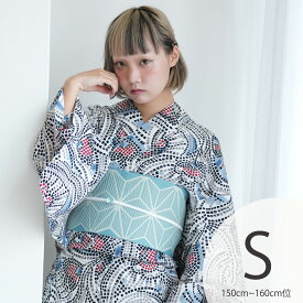 【ニコアンティーク 高級変わり織 浴衣3点セット チューリップモザイク ブルー】みんなと違う浴衣を着よう！個性派きものブランドNicoAntique プチサイズ（150-160cm）Sサイズ 浴衣セット（ゆかた・帯・下駄） レトロ 上質 国産生地 国内染色 低身長コーデ