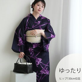 2026新作【utatane 浴衣 3点セット レディース 高級変わり織｜深紺に浮かぶ紫のカトレア（3Lサイズ）】国産生地・国内染色｜希少図案を現代に復刻｜ゆったりサイズ（ヒップ約130cm位まで対応）｜浴衣・帯・下駄付き