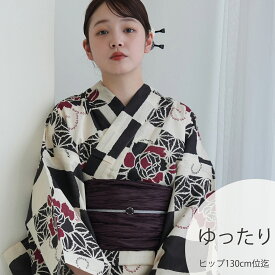 2026新作【utatane 浴衣 3点セット レディース 高級変わり織｜モノクロ麻の葉市松染め分け牡丹（3Lサイズ）】国産生地・国内染色｜希少図案を現代に復刻｜ゆったりサイズ（ヒップ約130cm位まで対応）｜浴衣・帯・下駄付き