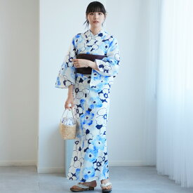 【高級変わり織 浴衣2点セット 白地に紺と青のぼかし椿】コットン100％ フリーサイズ 浴衣セット（ゆかた・帯）ですぐお出かけ 古典　レトロ