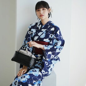 【高級変わり織 浴衣2点セット 紺地にぼかし椿】コットン100％ フリーサイズ 浴衣セット（ゆかた・帯）ですぐお出かけ 古典　レトロ