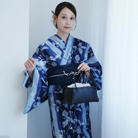【高級変わり織 浴衣2点セット 紺ぼかし縞つゆくさ】コットン100％ フリーサイズ 浴衣セット（ゆかた・帯）ですぐお出かけ 古典　レトロ