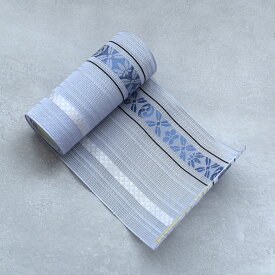 【utatane×井上絹織 博多織 紗 四寸単帯 正絹 七宝に宝尽くし献上　ブルー】 日本製 国産 本場筑前博多織 博多帯 博多献上 半幅帯 細帯 ひとえ帯 本筑 シルク 浴衣 夏着物 証紙付き