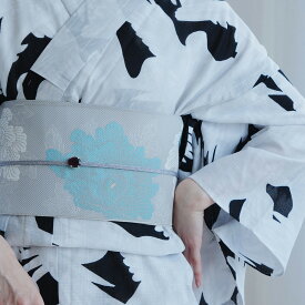 【utatane 博多織 小袋帯 長尺 正絹 リバーシブル 牡丹 アイスグレー×ミント】日本製 国産 本場筑前博多織 博多帯 半幅帯 細帯 紋小巾袋帯 本筑 シルク オールシーズン 浴衣 紬 小紋 着物 証紙付き