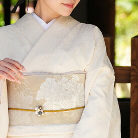 【utatane 博多織 小袋帯 長尺 正絹 リバーシブル 牡丹 ベージュ×ホワイト】日本製 国産 本場筑前博多織 博多帯 半幅帯 細帯 紋小巾袋帯 本筑 シルク オールシーズン 浴衣 紬 小紋 着物 証紙付き