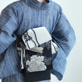 【utatane 博多織 小袋帯 長尺 正絹 リバーシブル 牡丹 ブラック×アイボリー】日本製 国産 本場筑前博多織 博多帯 半幅帯 細帯 紋小巾袋帯 本筑 シルク オールシーズン 浴衣 紬 小紋 着物 証紙付き