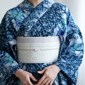 【utatane×井上絹織　博多織　小袋帯　正絹　ホワイト ラベンダー】日本製 国産 本場筑前博多織 博多帯 博多献上 半幅帯 細帯 本筑 シルク 浴衣 紬 小紋 着物 証紙付き