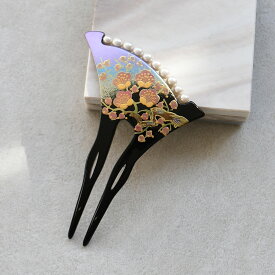 【かんざし パール 金雅桃梅】単品 簪 手書き蒔絵風 ヘアアクセサリー 結婚式などにも