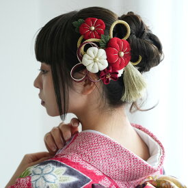【髪飾り 2点セット つまみ細工 梅 タッセル 水引】髪飾り 成人式 振袖 卒業式 袴 コーム Uピン 黒 赤 白 金 ゴールド 和装 着物 ヘアアクセサリー ヘッドドレス 髪留め 晴れ着 花