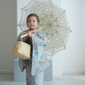 【utatane kids 高級変わり織 子供浴衣3点セット 女の子 切子紋と涼しげラムネ色の松】 ここでしか買えない昭和初期アンティーク復刻版 こども浴衣セット ( ゆかた・帯・下駄 ) 3歳 4歳 5歳 6歳 7歳 8歳 9歳 10歳 レトロ キッズ 国産生地 国内染色