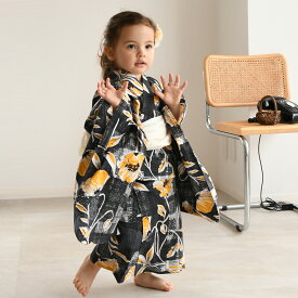 【70％OFF】【ニコアンティーク kids 高級変わり織 子供浴衣3点セット 女の子 かすれアネモネ ブラック×マスタード】 個性派きものブランドNicoAntiqueの新作 こども浴衣セット ( ゆかた・帯・下駄 ) 3歳 4歳 5歳 6歳 7歳 8歳 9歳 10歳 レトロ キッズ 国産生地 国内染色