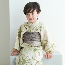 【utatane×注染工房 kids 日本製小幅生地使用 子供浴衣3点セット 男の子 先染めベージュに抹茶の麻の葉】特選注染 本染め にじみ 手染め こども浴衣セット（ゆかた・帯・下駄）3歳 4歳 5歳 6歳 7歳 8歳 9歳 10歳 キッズ 日本製 国産 手縫い併用国内縫製 ブランド