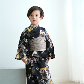【ニコアンティーク kids 高級変わり織 子供浴衣3点セット 男の子 大正浪漫ブラックに夢幻ねじり梅】 ここでしか買えない昭和初期アンティーク復刻版 こども浴衣セット ( ゆかた・帯・下駄 ) 3歳 4歳 5歳 6歳 7歳 8歳 9歳 10歳 キッズ 国産生地 国内染色