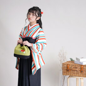 【リサイクル着物】着物 単品 袴用 短丈 ひよこ商店 ジュニア 小学生 子供 kids 大学生 レディース 低身長コーデ 卒業式 着物 女性 重ね衿縫い付済 中古 USED 販売 おしゃれ ストライプ 縞 レトロ