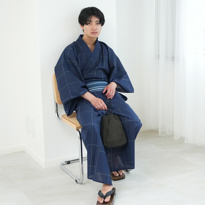 楽天市場】【高級変わり織 メンズ 浴衣3点セット 紺の市松】男 紳士  