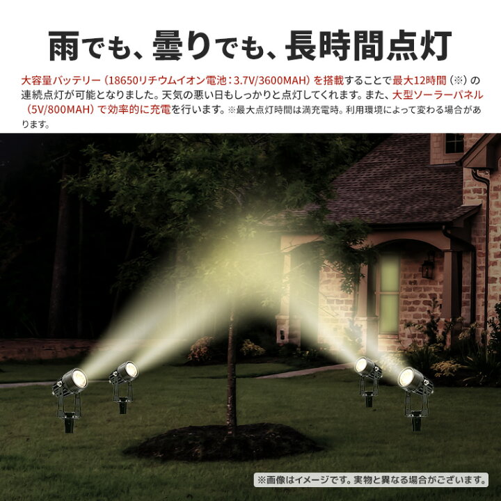 楽天市場 ソーラー ガーデンライト スポットライト 4灯 電球色 昼白色 屋外用 防水 大容量バッテリー ソーラー充電式 ソーラーパネル ソーラーライト おしゃれ ライトアップ 明るい 埋め込み 壁掛け 自動点灯 光センサー ガーデニング 樹木 植木 電光ホーム