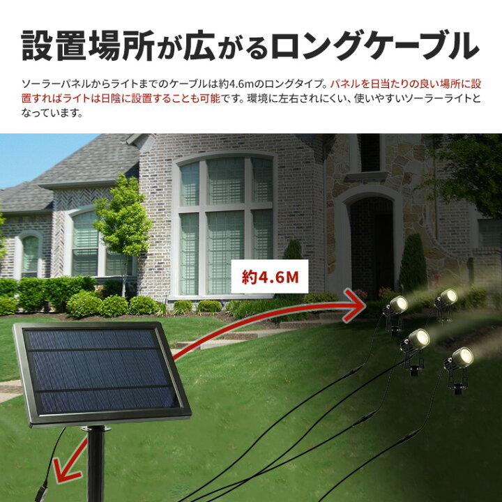 楽天市場 ソーラー ガーデンライト スポットライト 4灯 電球色 昼白色 屋外用 防水 大容量バッテリー ソーラー充電式 ソーラーパネル ソーラーライト おしゃれ ライトアップ 明るい 埋め込み 壁掛け 自動点灯 光センサー ガーデニング 樹木 植木 電光ホーム