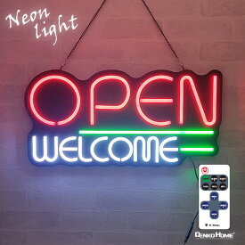 LED ネオン看板 ネオンサイン OPEN オープン WELCOME ウェルカム 置き/吊り下げ両用 W59×H30cm 営業中 ネオン 看板 LEDネオン看板 LEDネオンサイン リモコン付属 屋内用 インテリア ライト 装飾 壁掛け 店舗用 間接照明 おしゃれ かわいい グッズ カフェ