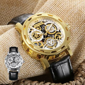 天然ダイヤ スケルトン時計 - アンティーク ダイヤ 牛革ベルト シースルー 腕時計 ウォッチ Homberger シルバー ゴールド