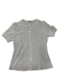 Allegra K チェックブラウス 丸襟 ボタンダウンシャツ パフ半袖 ギンガムトップス レディース ブラック XS