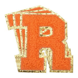 uxcell チェニールレターパッチ 大サイズ 3.15"x2.36" アイロンで貼る R 金グリッター刺繍パッチ 服 靴 帽子 バックパック用 3個入り（オレンジ）