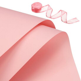 PATIKIL 20枚 花包装紙 22.8"x22.8" フローラルブーケクラフトパッケージングペーパー リボン付き 花 ギフトパッケージ用 ピンク