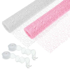 PATIKIL フラワーラッピングメッシュペーパー2巻セット 15フィート 花束クラフトパッケージング用 ホローネット糸とリボン ピンク ホワイト