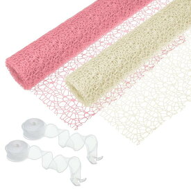 PATIKIL 2ロール 花包装メッシュペーパー 15フィート フローラルブーケクラフトパッケージングホローネット糸とリボン付き 花 ギフト包装用 ピンク クリームホワイト