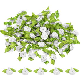 PATIKIL ミニリボンバラ 200個 小さなサテン生地 花と緑 葉 装飾 ロ ゼットアップリケ DIYクラフト ミシン ウェディング用 ホワイト