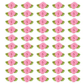 PATIKIL 15mm 小さなサテンリボンローズ 200個 生地 花飾り ロ ゼットアップリケ 緑 葉付き DIYクラフト ウェディングデコレーション ローズピンク