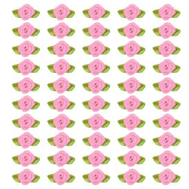 PATIKIL 15mm 小さなサテンリボンローズ 200個 生地 花飾り ロ ゼットアップリケ 緑 葉付き DIYクラフト ウェディングデコレーション ピンク