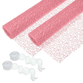 PATIKIL フラワーラッピングメッシュペーパー2巻セット 15フィート フローラルブーケクラフトパッケージング用 ホローネット糸とリボン ピンク