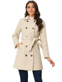 Allegra K ピーコート 冬用コート ベルト付き 丸襟 ポケット ダブルブレスト レディース クリームホワイト XL