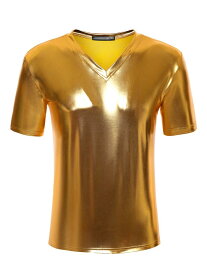 Lars Amadeus Tシャツ Vネック 半袖 スリムフィット パーティー ディスコ クラブ メタリックシャイニーナイト メンズ 明るい黄金色 XL