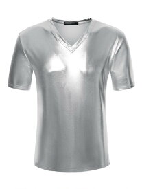 Lars Amadeus Tシャツ Vネック 半袖 スリムフィット パーティー ディスコ クラブ メタリックシャイニーナイト メンズ 明るい銀色 M