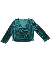 Allegra K ベルベットブラウス 衣装 クロップトップ Vネックシャツ 七分袖 無地 レディース グリーン XS