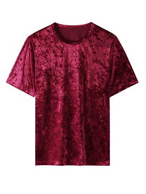 Lars Amadeus ベルベット Tシャツ 半袖 クルーネック 光沢 おしゃれ ベロア カットソー トップス シャツ メンズ ブルゴーニュ XL