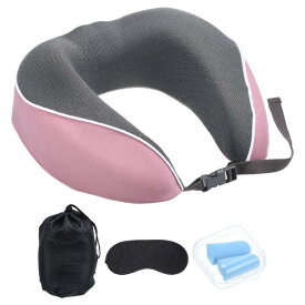 PATIKIL 旅行用の枕 飛行機 睡眠 メモリフォーム枕 頭 首 サポート ヘッド ネックサポート 耳栓付き アイマスク付き 旅行 飛行機 列車 ピンク