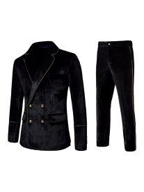Lars Amadeus コートとドレスパンツ ブレザー スーツ ベルベット ダブルブレスト 2点セット メンズ ブラック 2XL