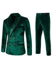 Lars Amadeus コートとドレスパンツ ブレザー スーツ ベルベット ダブルブレスト 2点セット メンズ ダークグリーン S