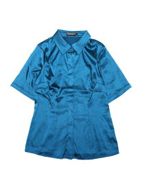 Allegra K ビジネスシャツ 半袖トップス 光沢ブラウス カジュアル 夏 サテン ボタンダウン レディース ピーコックブルー XS