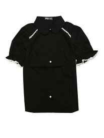 Allegra K 丸襟 ブラウス ボタンダウンシャツ ビンテージ コントラスト トリム パフ半袖 レディース ブラック XS