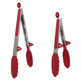 uxcell Kitchen Tong Set for Cooking Stainless Steel Tongs Stands Silicone 2Pcs Burgundy