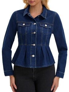 CIMUK Women's Denim Jacket Button Down Collar Ruffle Hem with Pockets Peplum Jean Jackets Dark Blue S