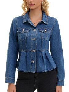 CIMUK Women's Denim Jacket Button Down Collar Ruffle Hem with Pockets Peplum Jean Jackets Blue XL